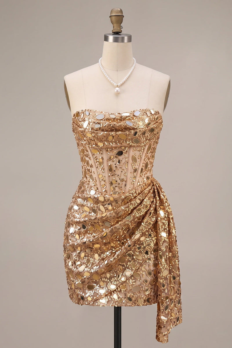 Load image into Gallery viewer, Sparkly Gold Bodycon Ruched Corset Sequin Short Cocktail Dress with Mirrors