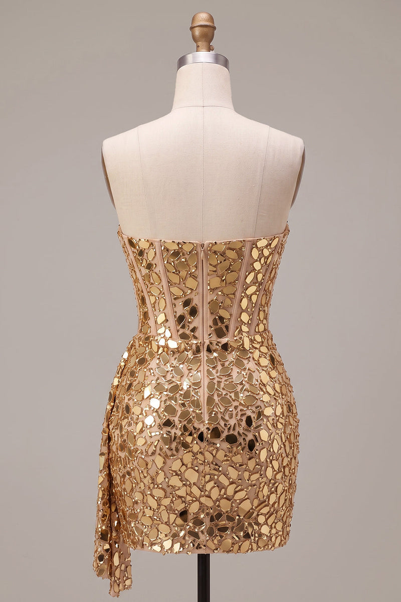 Load image into Gallery viewer, Sparkly Gold Bodycon Ruched Corset Sequin Short Cocktail Dress with Mirrors