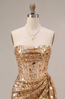Load image into Gallery viewer, Sparkly Gold Bodycon Ruched Corset Sequin Short Cocktail Dress with Mirrors