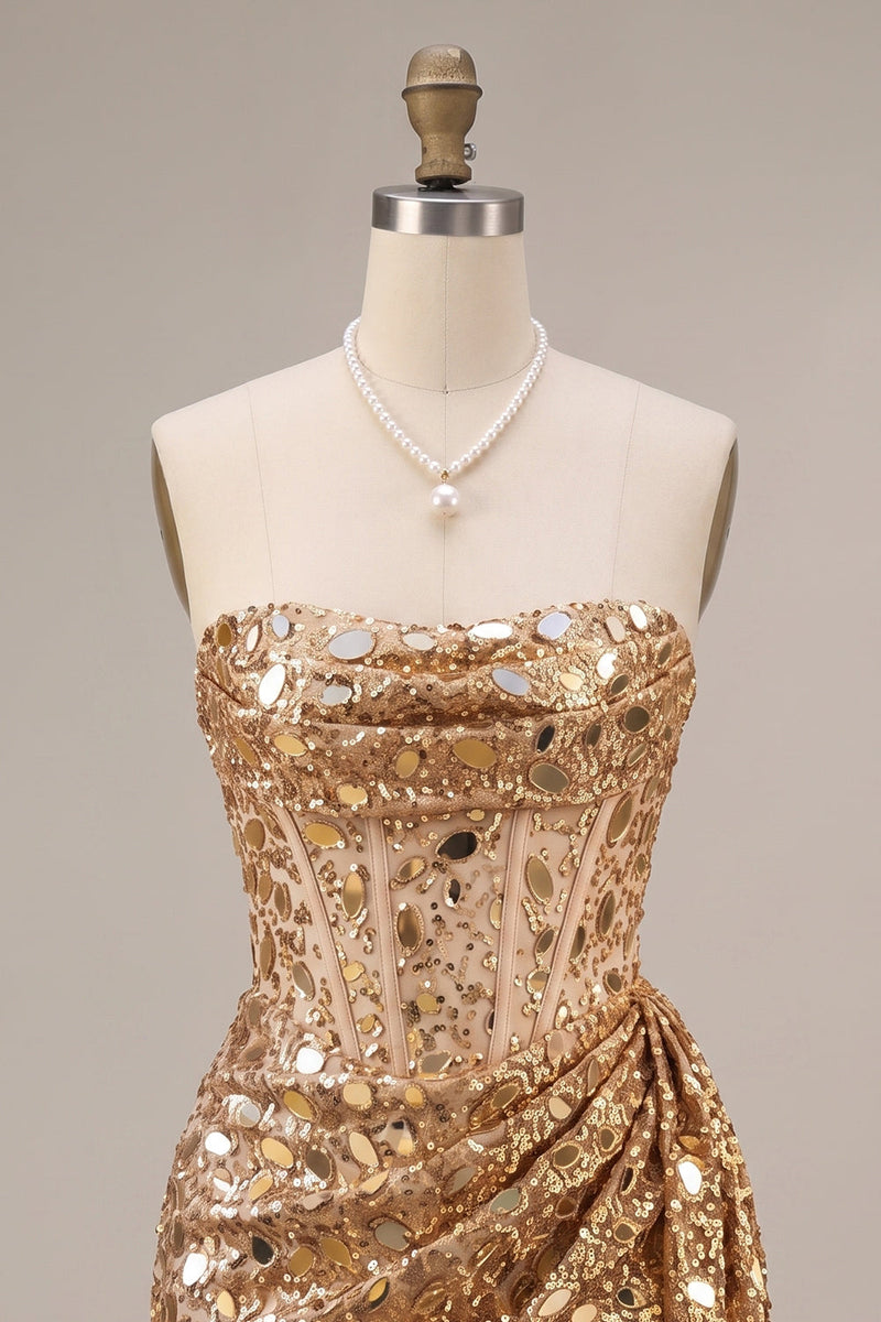 Load image into Gallery viewer, Sparkly Gold Bodycon Ruched Corset Sequin Short Cocktail Dress with Mirrors