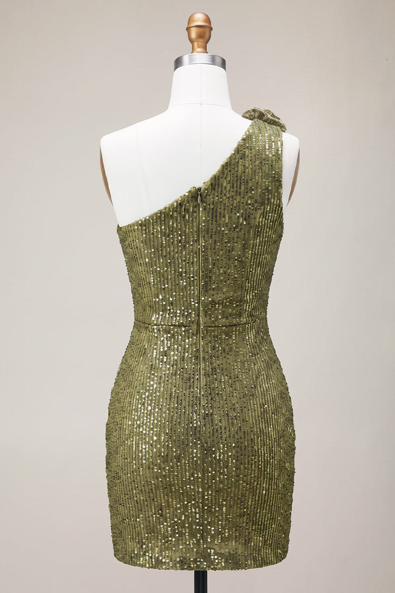 Load image into Gallery viewer, Sparkly Dark Green Keyhole Tight Sequin Short Cocktail Dress with 3D Flower