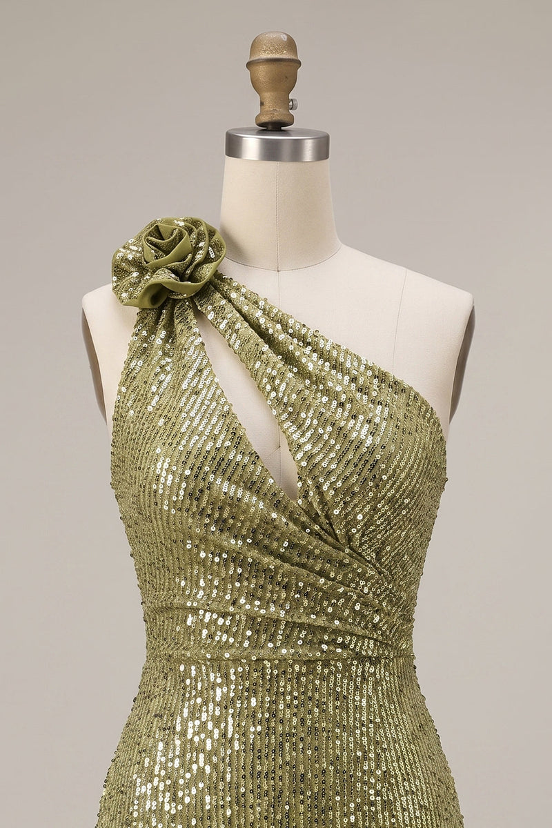 Load image into Gallery viewer, Sparkly Dark Green Keyhole Tight Sequin Short Cocktail Dress with 3D Flower