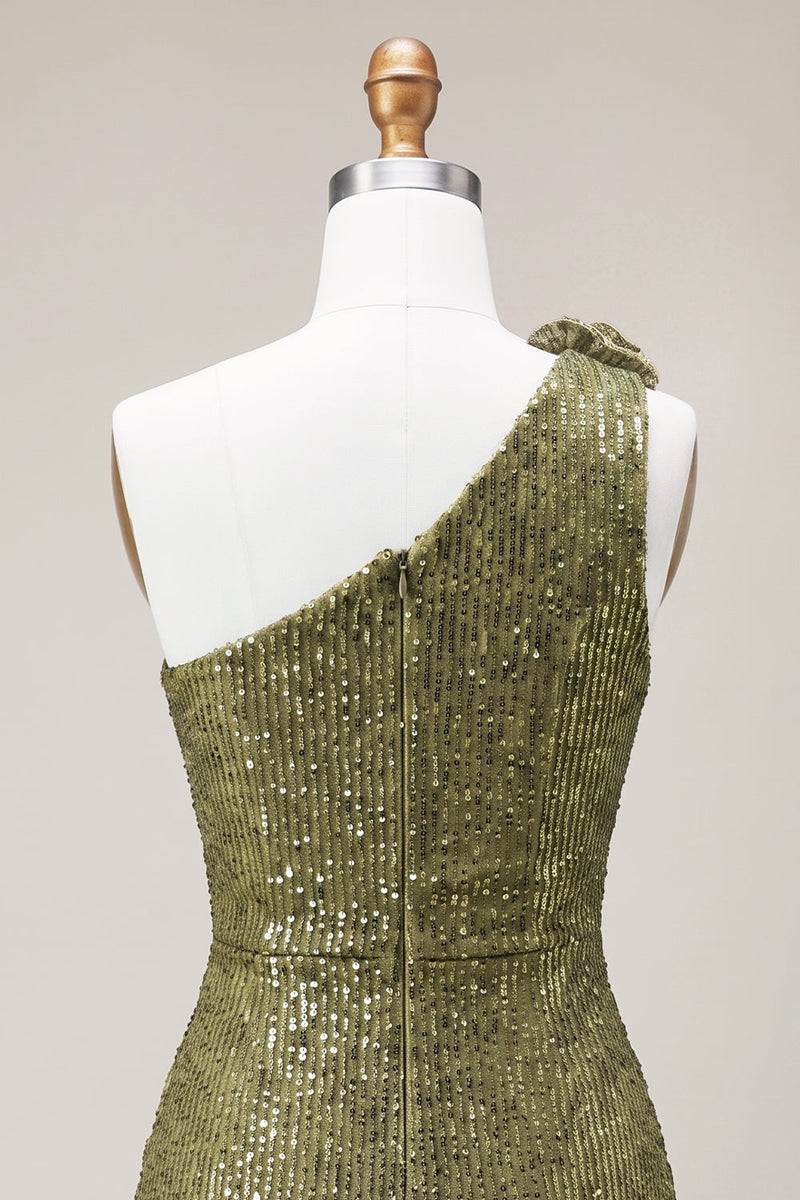 Load image into Gallery viewer, Sparkly Dark Green Keyhole Tight Sequin Short Cocktail Dress with 3D Flower