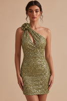 Load image into Gallery viewer, Sparkly Dark Green Keyhole Tight Sequin Short Cocktail Dress with 3D Flower