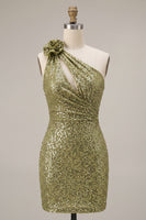 Load image into Gallery viewer, Sparkly Dark Green Keyhole Tight Sequin Short Cocktail Dress with 3D Flower