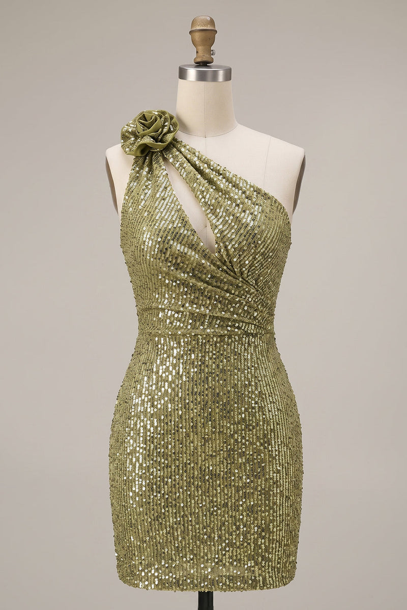 Load image into Gallery viewer, Sparkly Dark Green Keyhole Tight Sequin Short Cocktail Dress with 3D Flower