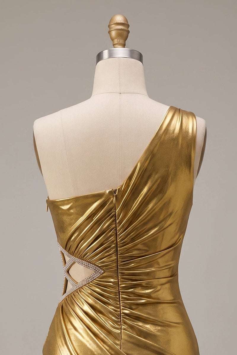 Load image into Gallery viewer, Metallic Gold Bodycon Sparkly Beaded Ruched Cut Out Short Cocktail Dress