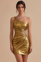 Load image into Gallery viewer, Metallic Gold Bodycon Sparkly Beaded Ruched Cut Out Short Cocktail Dress