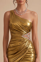 Load image into Gallery viewer, Metallic Gold Bodycon Sparkly Beaded Ruched Cut Out Short Cocktail Dress