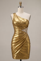 Load image into Gallery viewer, Metallic Gold Bodycon Sparkly Beaded Ruched Cut Out Short Cocktail Dress