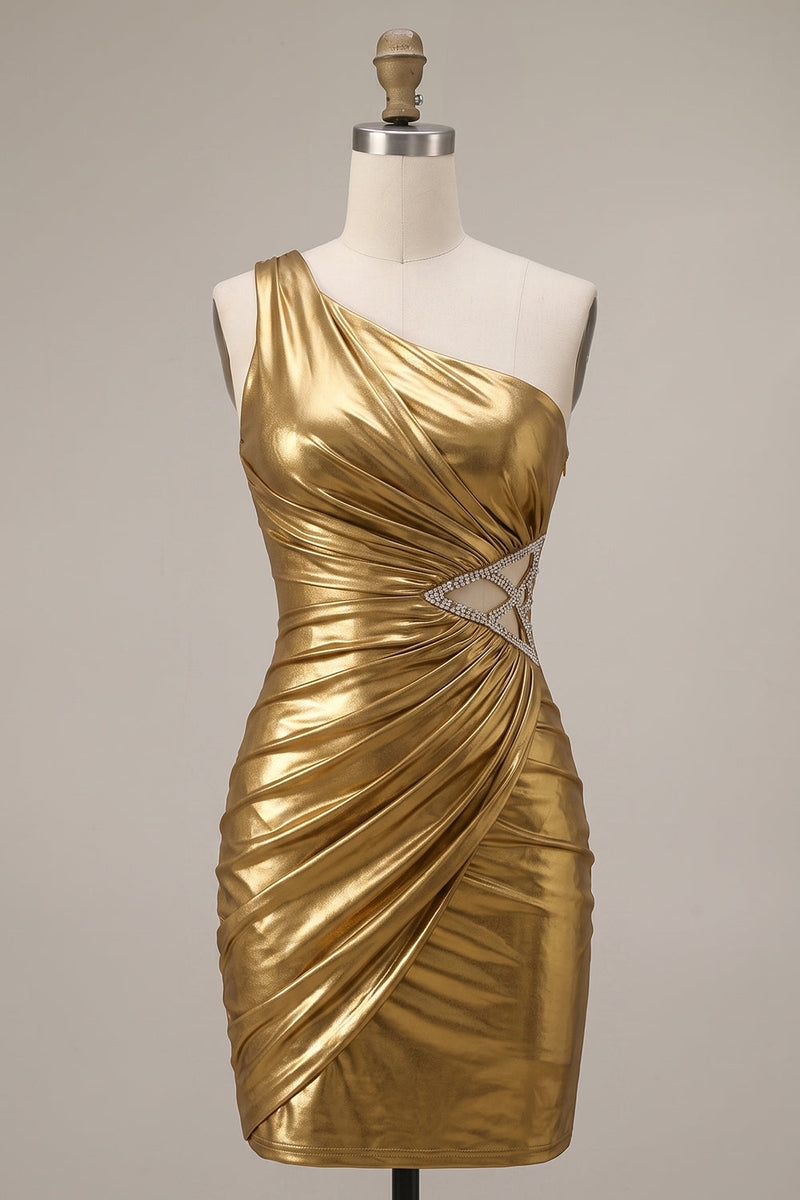 Load image into Gallery viewer, Metallic Gold Bodycon Sparkly Beaded Ruched Cut Out Short Cocktail Dress