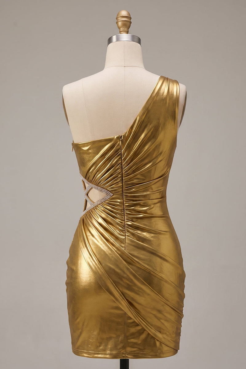Load image into Gallery viewer, Metallic Gold Bodycon Sparkly Beaded Ruched Cut Out Short Cocktail Dress