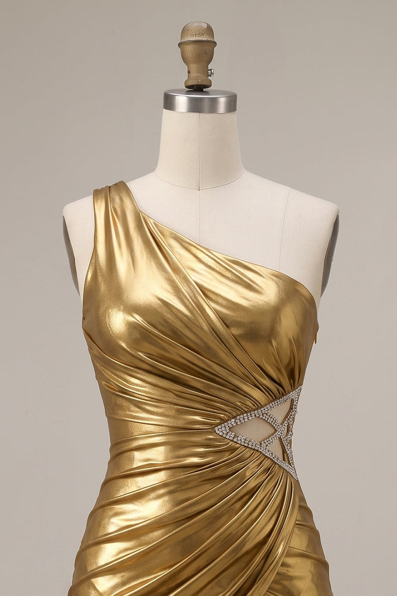Load image into Gallery viewer, Metallic Gold Bodycon Sparkly Beaded Ruched Cut Out Short Cocktail Dress