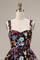 Load image into Gallery viewer, Black A Line Sparkly Floral Sequin Short Cocktail Dress