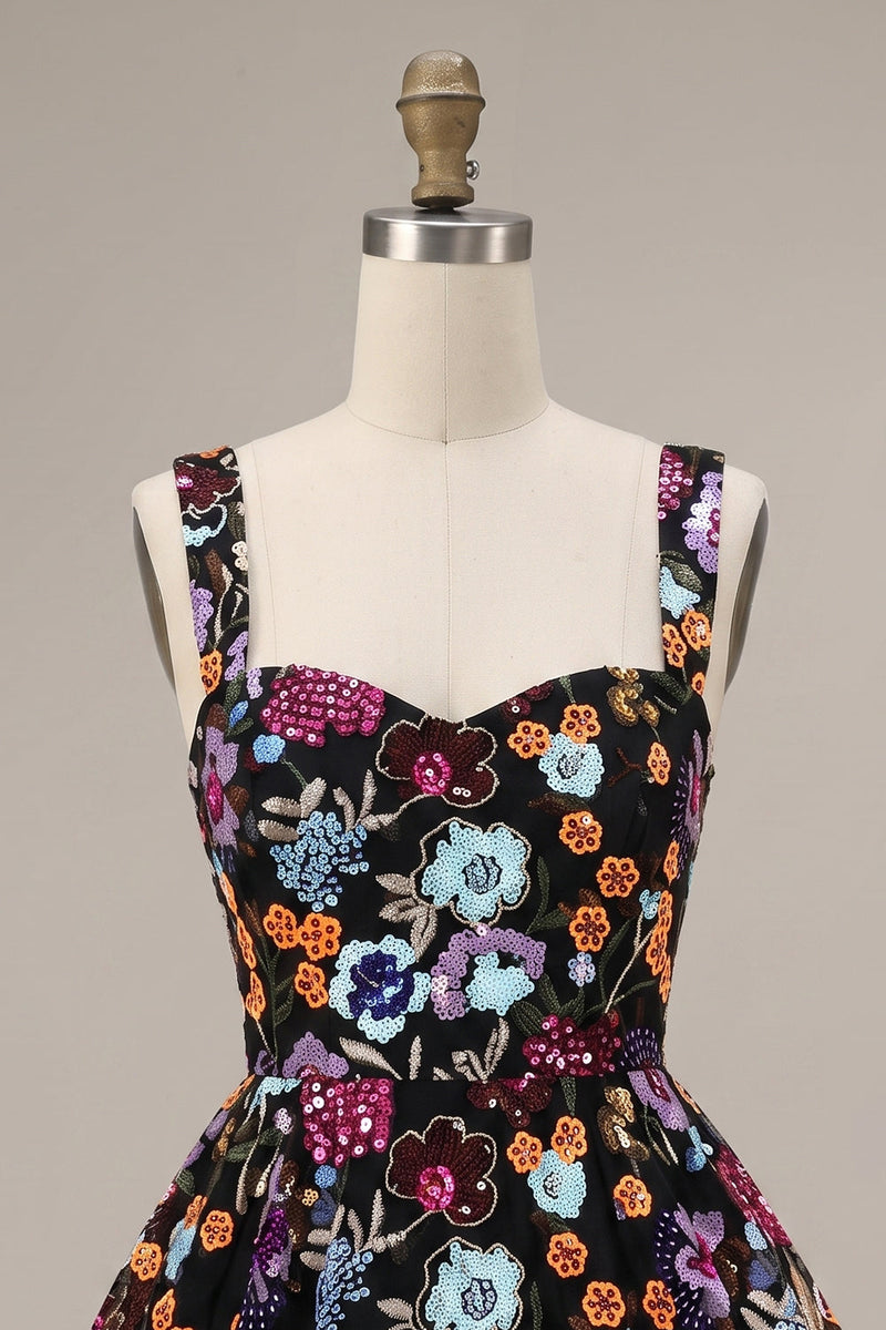 Load image into Gallery viewer, Black A Line Sparkly Floral Sequin Short Cocktail Dress