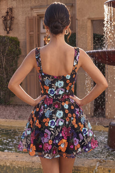Black A Line Sparkly Floral Sequin Short Cocktail Dress