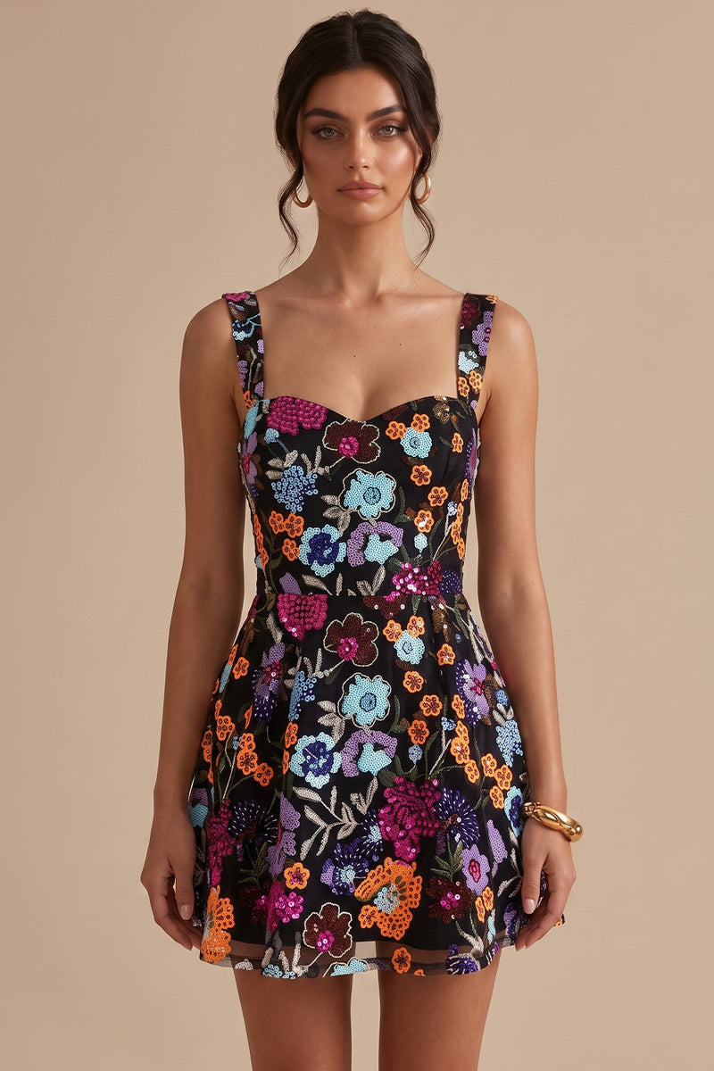 Load image into Gallery viewer, Black A Line Sparkly Floral Sequin Short Cocktail Dress