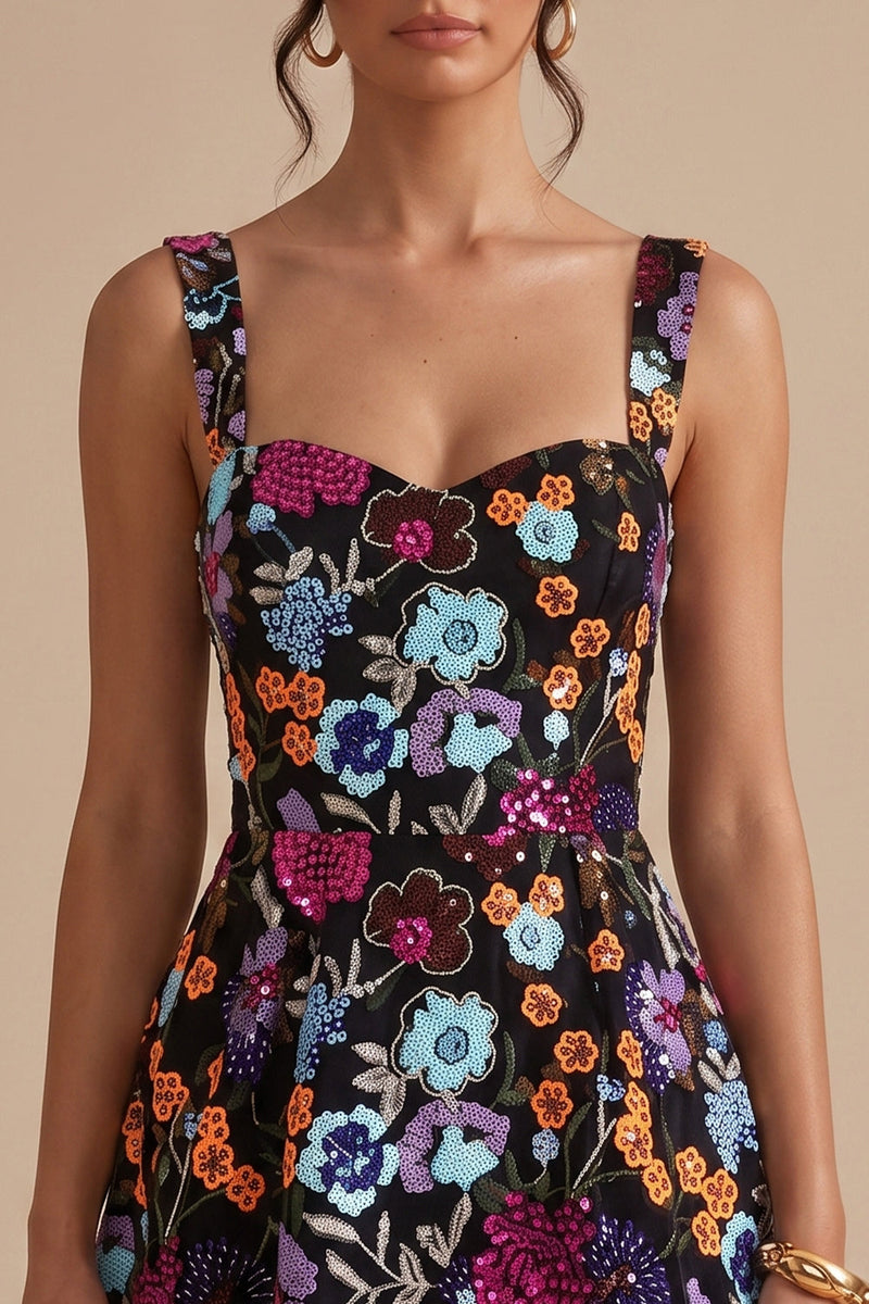 Load image into Gallery viewer, Black A Line Sparkly Floral Sequin Short Cocktail Dress