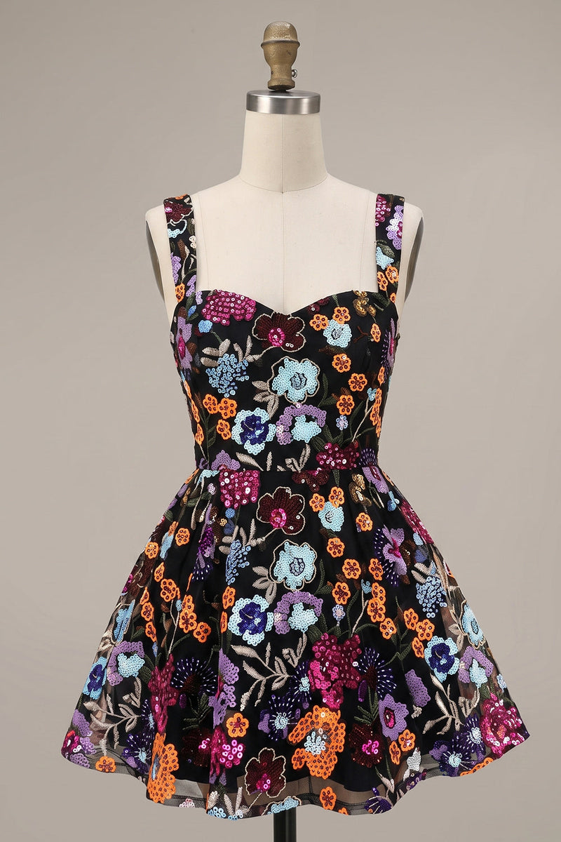 Load image into Gallery viewer, Black A Line Sparkly Floral Sequin Short Cocktail Dress