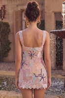 Load image into Gallery viewer, Sparkly Pink Corset Floral Tight Short Cocktail Dress with Sequins