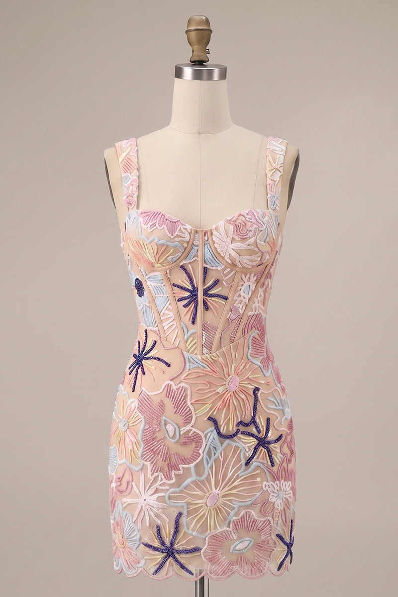 Load image into Gallery viewer, Sparkly Pink Corset Floral Tight Short Cocktail Dress with Sequins