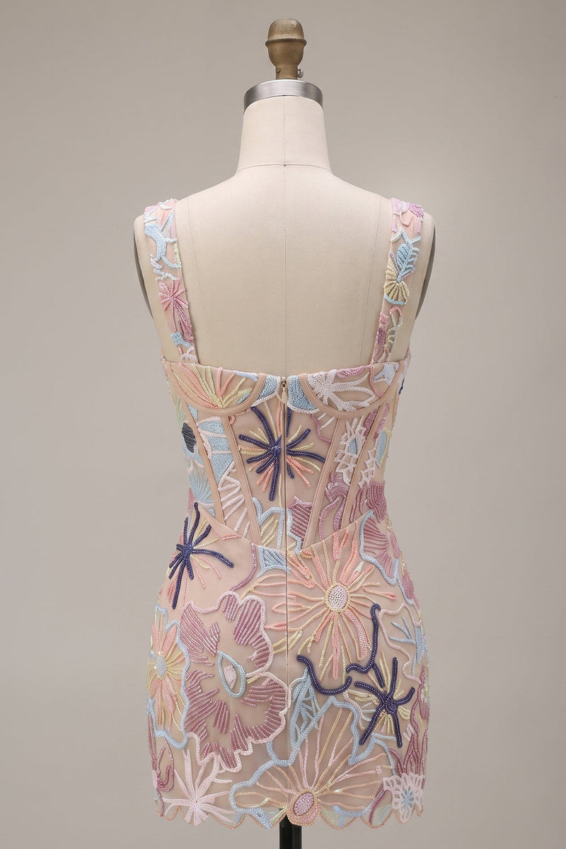 Load image into Gallery viewer, Sparkly Pink Corset Floral Tight Short Cocktail Dress with Sequins