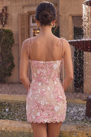 Load image into Gallery viewer, Pink Corset Bodycon Floral Appliqued Spaghetti Straps Short Cocktail Dress