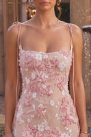 Load image into Gallery viewer, Pink Corset Bodycon Floral Appliqued Spaghetti Straps Short Cocktail Dress