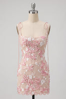 Load image into Gallery viewer, Pink Corset Bodycon Floral Appliqued Spaghetti Straps Short Cocktail Dress