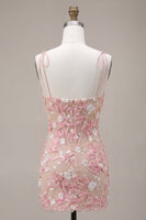 Load image into Gallery viewer, Pink Corset Bodycon Floral Appliqued Spaghetti Straps Short Cocktail Dress