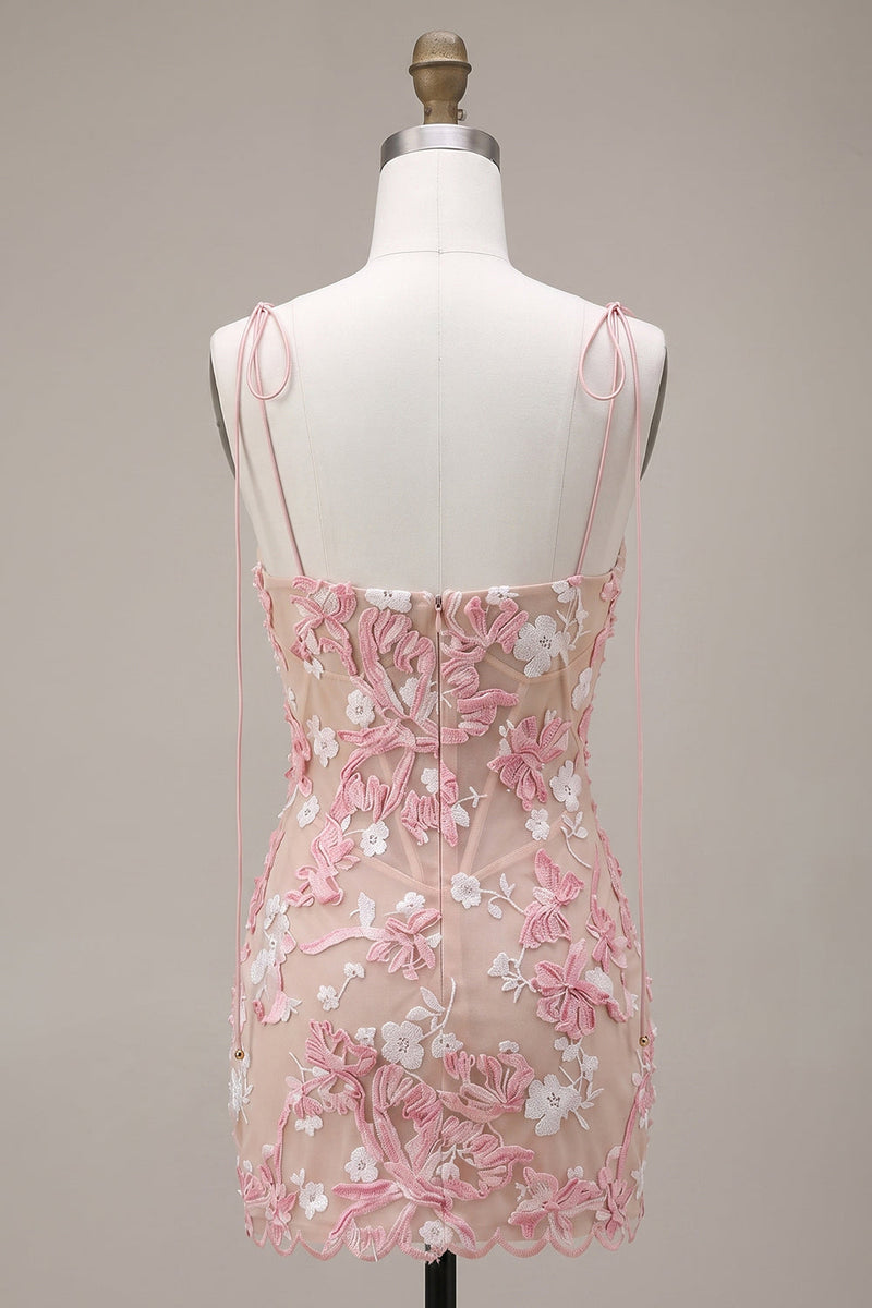 Load image into Gallery viewer, Pink Corset Bodycon Floral Appliqued Spaghetti Straps Short Cocktail Dress