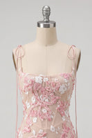 Load image into Gallery viewer, Pink Corset Bodycon Floral Appliqued Spaghetti Straps Short Cocktail Dress