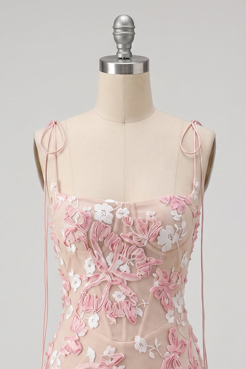 Load image into Gallery viewer, Pink Corset Bodycon Floral Appliqued Spaghetti Straps Short Cocktail Dress