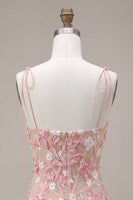 Load image into Gallery viewer, Pink Corset Bodycon Floral Appliqued Spaghetti Straps Short Cocktail Dress