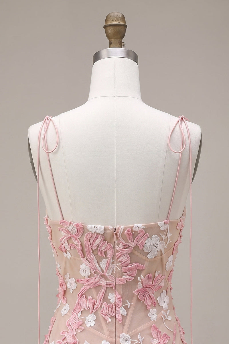 Load image into Gallery viewer, Pink Corset Bodycon Floral Appliqued Spaghetti Straps Short Cocktail Dress