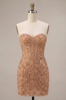 Load image into Gallery viewer, Champagne Tight Corset Sparkly Sequin Short Cocktail Dress with Pearls