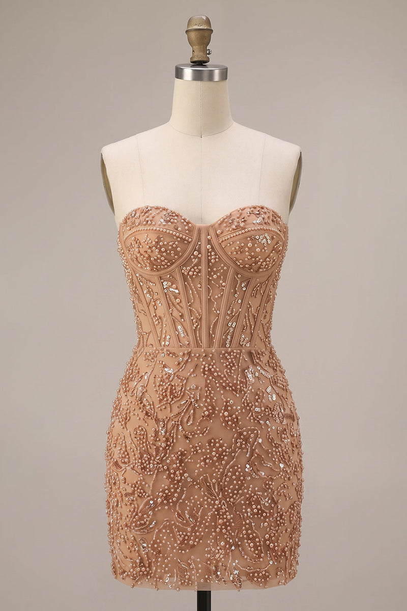 Load image into Gallery viewer, Champagne Tight Corset Sparkly Sequin Short Cocktail Dress with Pearls
