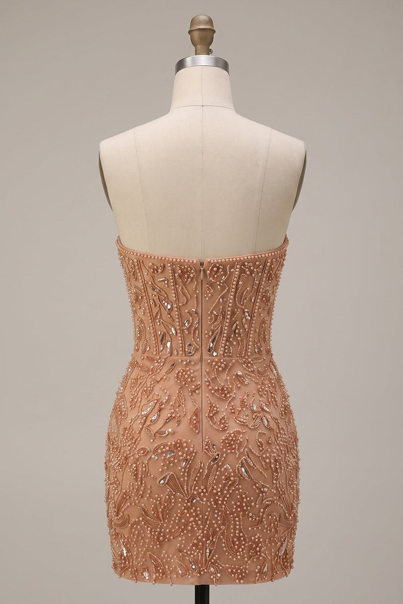 Load image into Gallery viewer, Champagne Tight Corset Sparkly Sequin Short Cocktail Dress with Pearls