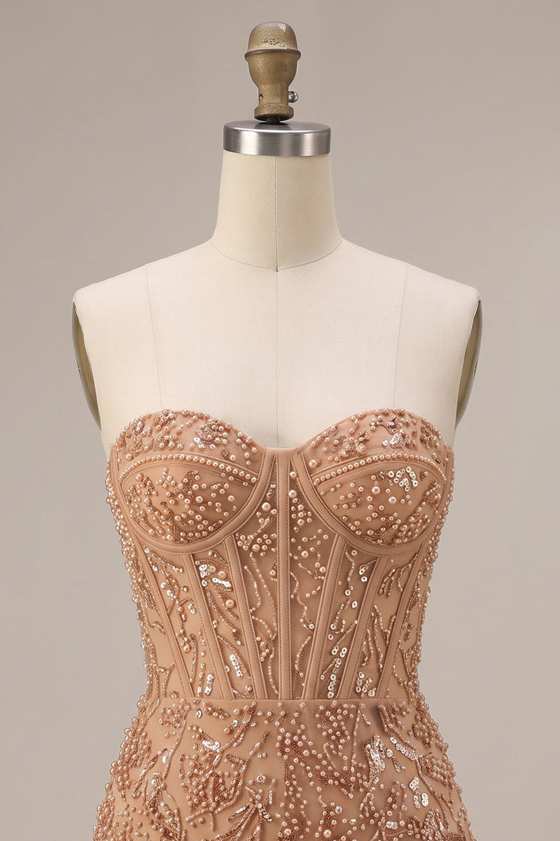 Load image into Gallery viewer, Champagne Tight Corset Sparkly Sequin Short Cocktail Dress with Pearls