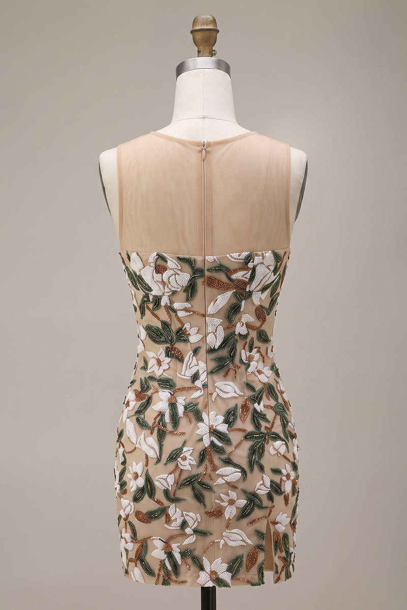 Load image into Gallery viewer, Corset Sparkly Light Khaki Floral Bodycon Short Cocktail Dress with Sequins