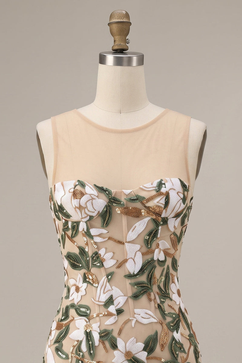 Load image into Gallery viewer, Corset Sparkly Light Khaki Floral Bodycon Short Cocktail Dress with Sequins