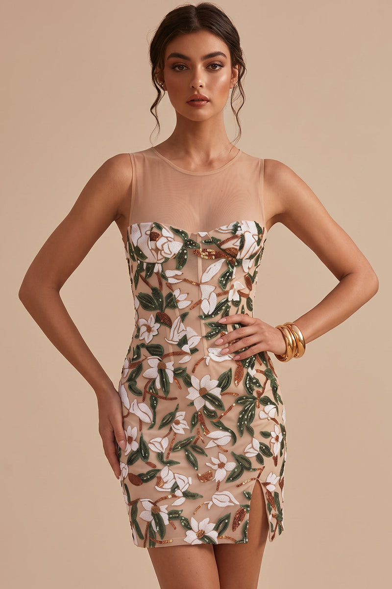Load image into Gallery viewer, Corset Sparkly Light Khaki Floral Bodycon Short Cocktail Dress with Sequins