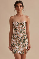 Load image into Gallery viewer, Corset Sparkly Light Khaki Floral Bodycon Short Cocktail Dress with Sequins