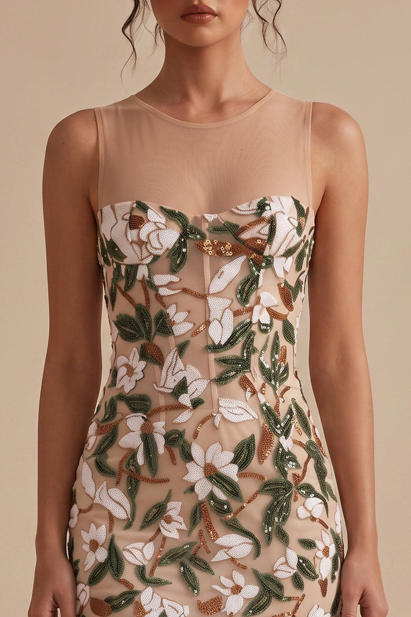 Load image into Gallery viewer, Corset Sparkly Light Khaki Floral Bodycon Short Cocktail Dress with Sequins