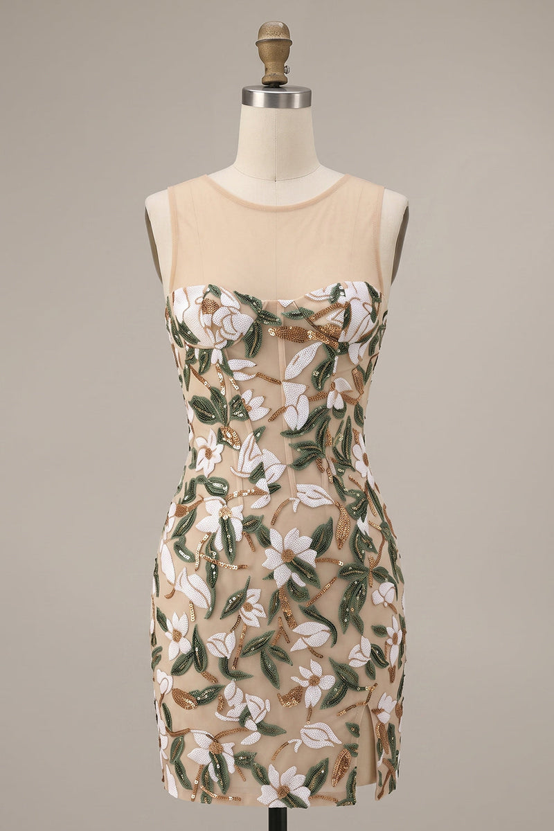 Load image into Gallery viewer, Corset Sparkly Light Khaki Floral Bodycon Short Cocktail Dress with Sequins