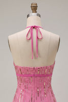 Load image into Gallery viewer, Fuchsia Sparkly Tight Sequin Halter Short Cocktail Dress with Bow