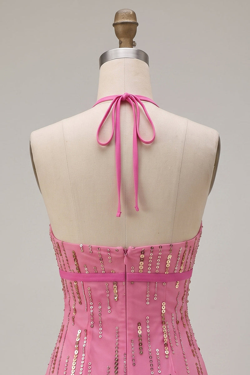 Load image into Gallery viewer, Fuchsia Sparkly Tight Sequin Halter Short Cocktail Dress with Bow