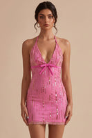 Load image into Gallery viewer, Fuchsia Sparkly Tight Sequin Halter Short Cocktail Dress with Bow