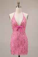 Load image into Gallery viewer, Fuchsia Sparkly Tight Sequin Halter Short Cocktail Dress with Bow