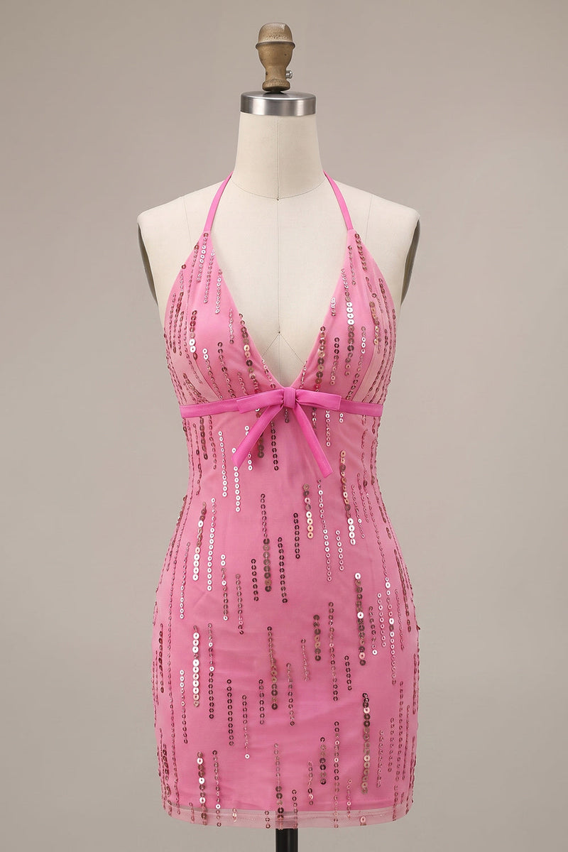 Load image into Gallery viewer, Fuchsia Sparkly Tight Sequin Halter Short Cocktail Dress with Bow